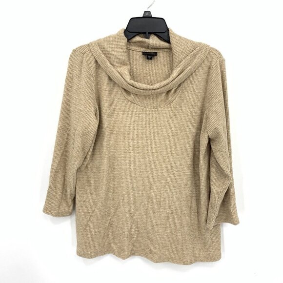 J Jill Wearever Cowl Neck Top Hi Low Hem Half Sleeve Soft Tan Knit Womens Medium - Picture 1 of 4